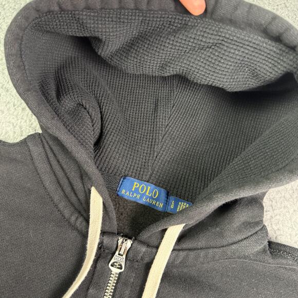 Polo Ralph Lauren Hoodie Mens L Black Full Zip Waffle Thermal Lined Double Knit - Picture 3 of 7